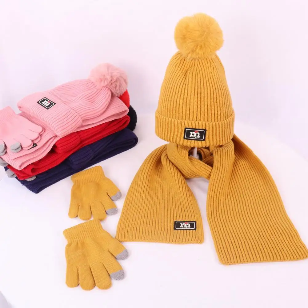 3 Pcs/Set Children Hat Scarf Glove Set Thickened Plush Ball Decor Knitted Anti-slip Heat Retention Windproof Keep Warm Girls Boy