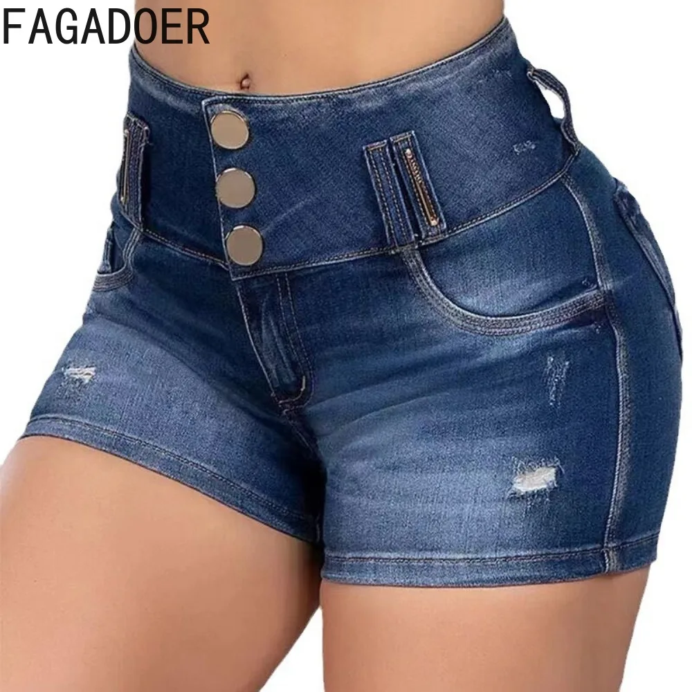 FAGADOER Dark Blue Summer New Elasticity Skinny Denim Shorts Women High Waisted Button Pocket Slim Jean Female Cowboy Bottoms