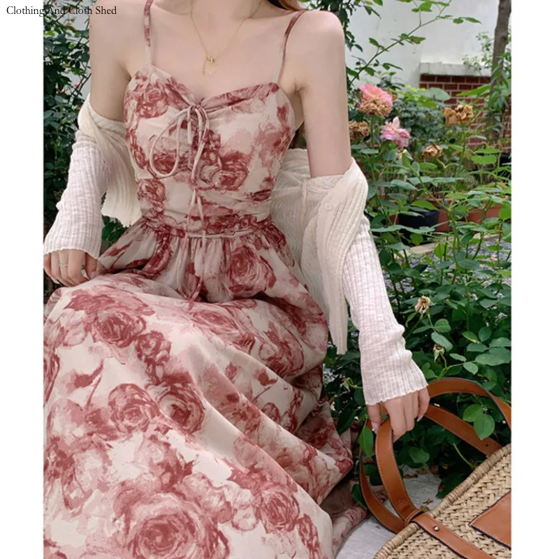 

Новинка лета 2024, элегантное облегающее женское платье с открытой спиной и шнуровкой, праздничное пляжное шифоновое длинное платье с принтом роз, платье без бретелек