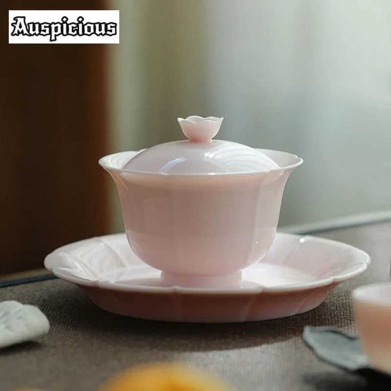 150ml Boutique Pink Ceramic Sancai GaiWan Tea Cup Handmade Single Colored Glaze Petal Tea Bowl Household Kungfu Teaset Drinkware