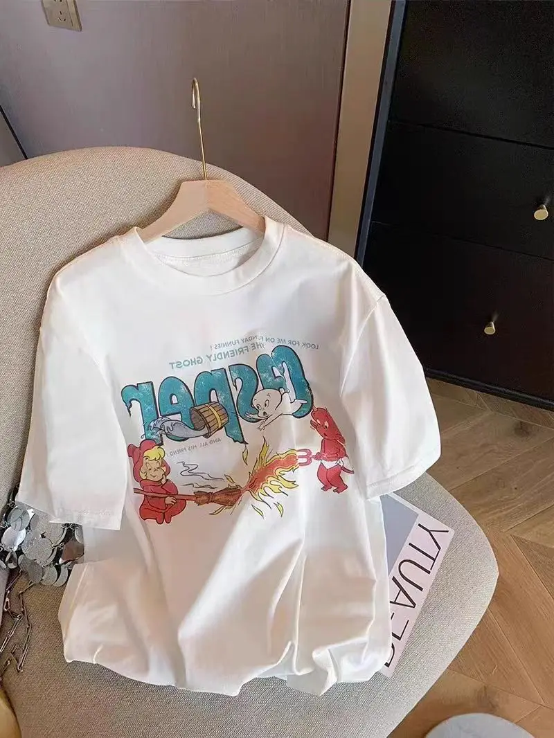 

2024 весенне-летняя свободная футболка Casper с круглым вырезом и коротким рукавом мультипликационный принт с буквами Универсальная Ретро футболка для мужчин и женщин