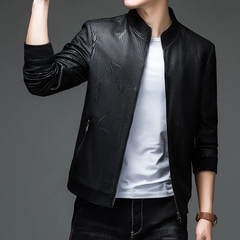 2023 Autumn New Men Fashion PU Leather Coat Men Casual Stand Collar Solid Color Jacket Micro-Elastic Imitation Leather Outwear