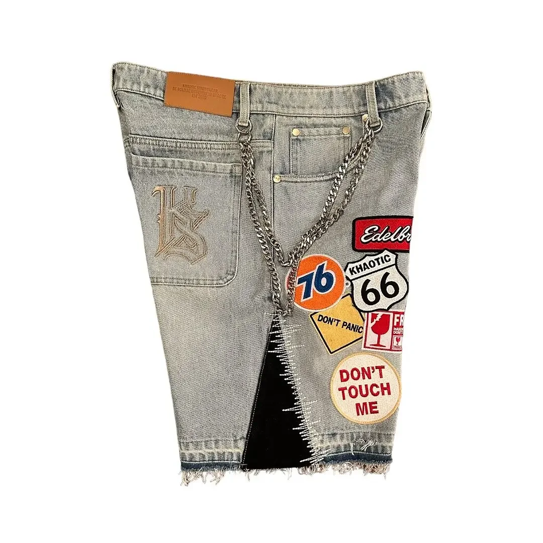 Mens Womens Y2K Rock Hip Hop Patchwork Denim Short Cartoon Pattern Retro Blue Baggy Denim Fitness Casual Shorts Basketball Short denim shorts