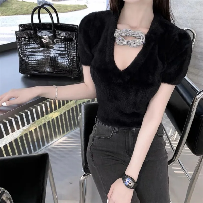

[Lux Collection] Sparkling Diamond Large Chain Artificial Sable Hair Slimming Short Sleeved Wang Sweater for Women