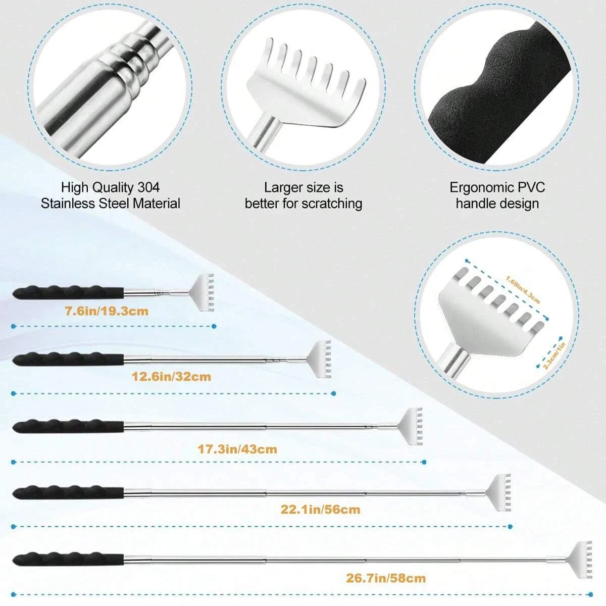 Extendable Back Scratcher Stainless Steel Portable Telescoping Back Scratchers for Adults Men Women with Rubber Handles