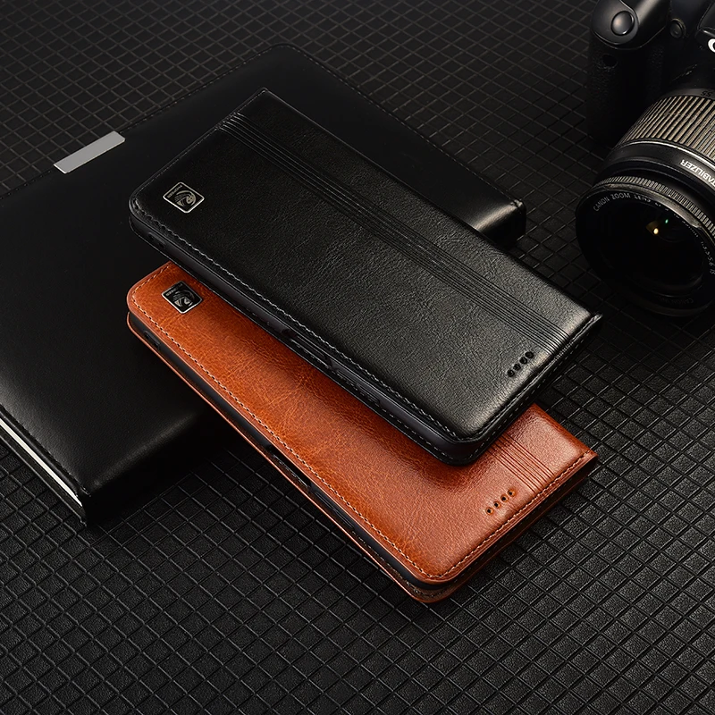 Luxurious Genuine Leather Flip Phone Case with Vertical Line Design