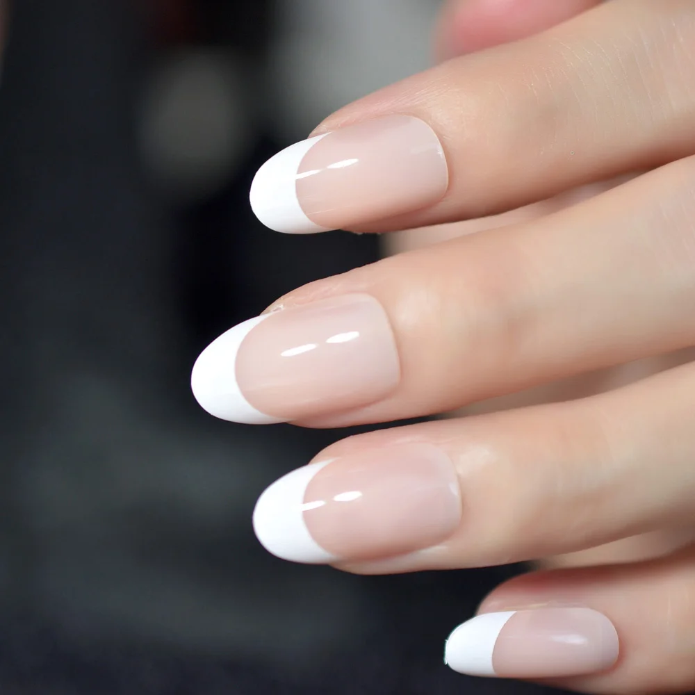 Oval Acrylic French Nail Kit - Medium Length Grace Oval Fake Nails with 24 Tips