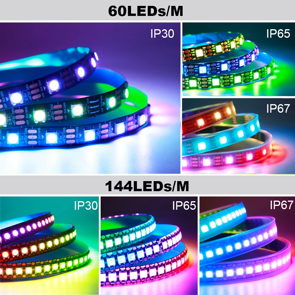 WS2812B WS2812 Led 스트립 개별적으로 주소 지정이 가능한 스마트 RGB LED 조명 검정/흰색 PCB 매직 컬러 IP30/65/67 DC5V
