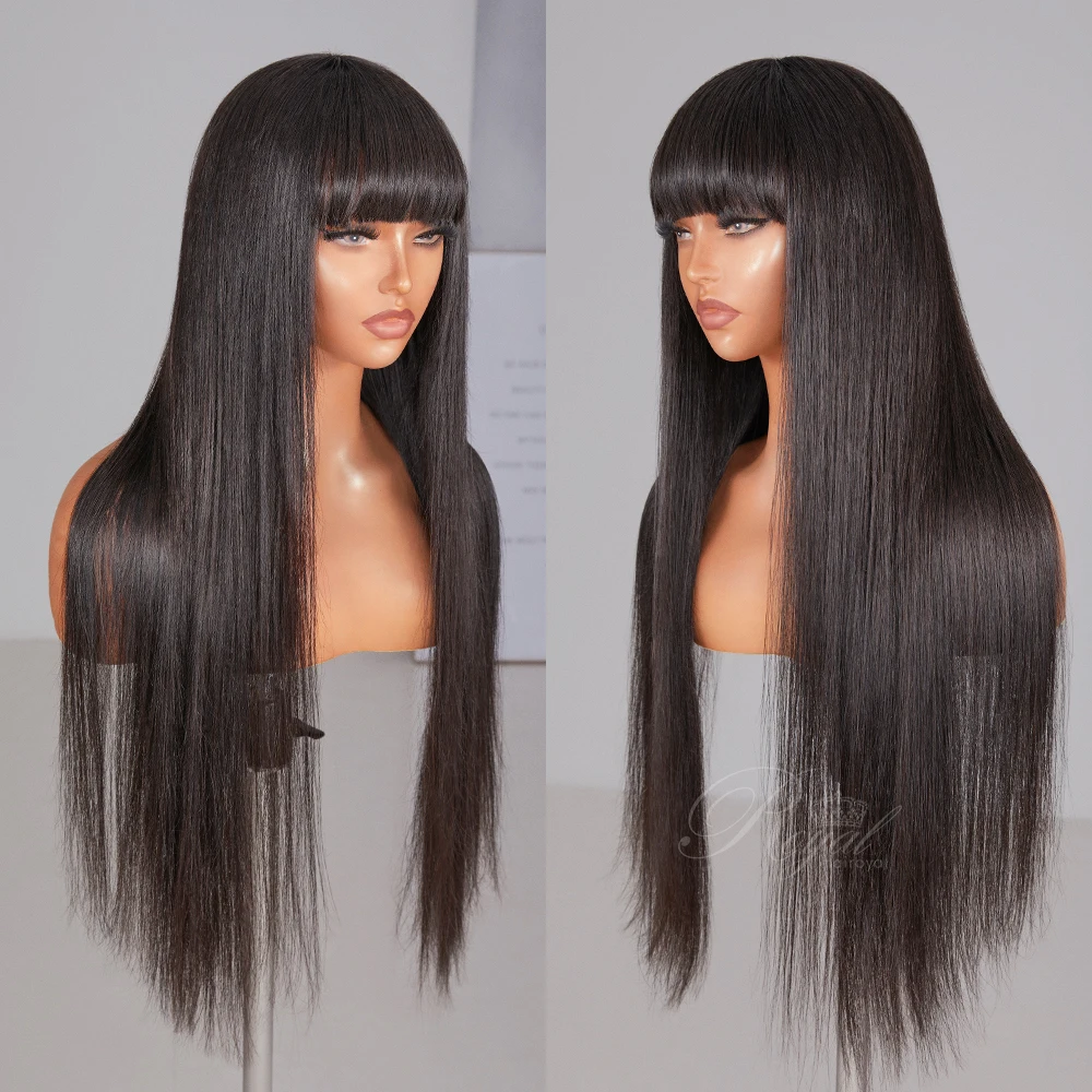 Straight Wig With Bangs Fringe Full Machine Made Bob Human Hair Wigs For Women Brazilian Remy Glueless Natural Black Fringe Wig