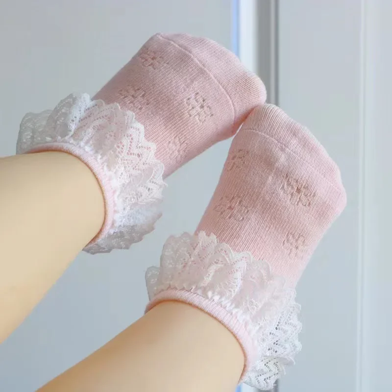 여아용 얇은 면 양말, 레이스 트림 공주 양말,  짧은 면 양말, 땀 흡수, 냄새 방지, 용수철 가을 여름