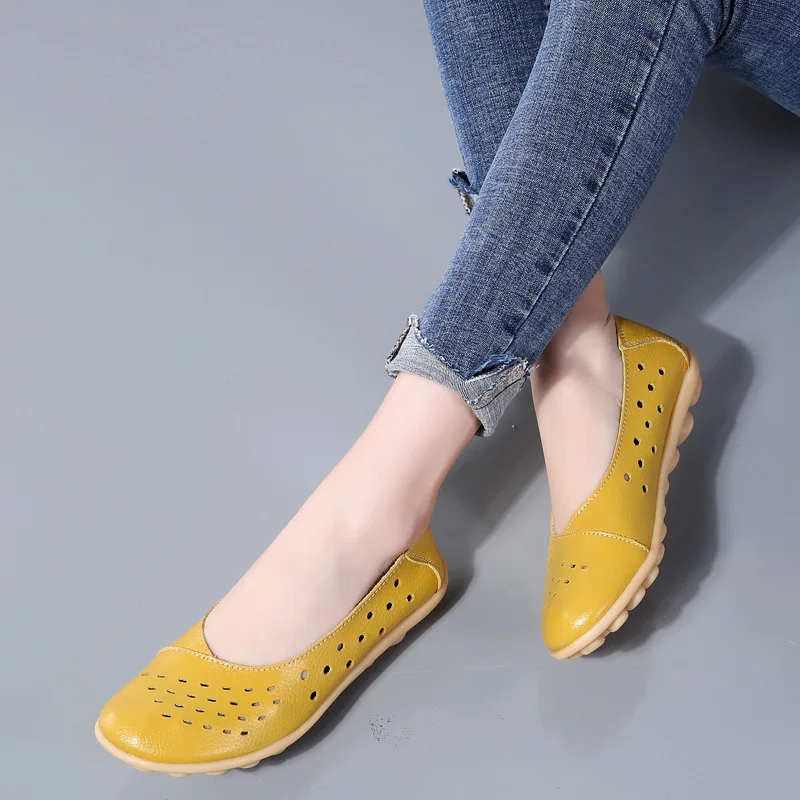 New 2024 Hollow Big Size Casual Breathable Genuine Leather Flats Shoes For Women Chaussure Femme Ladies Trainers Zapatos Mujer