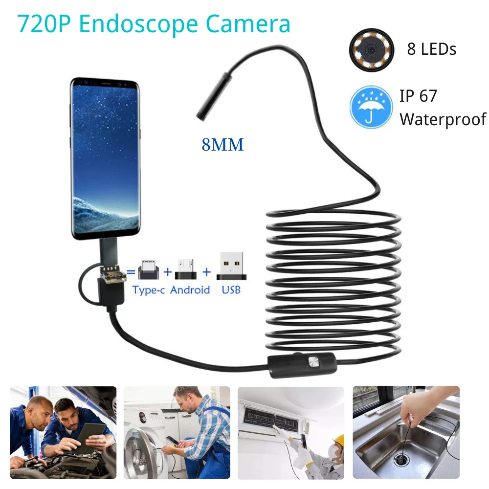 8mm 720P USB Type-C Endoscopic Camera HD Car Repair Pipe Inspection  Borescope 5M 10M for OTG Android Phone PC Notebook Macbook