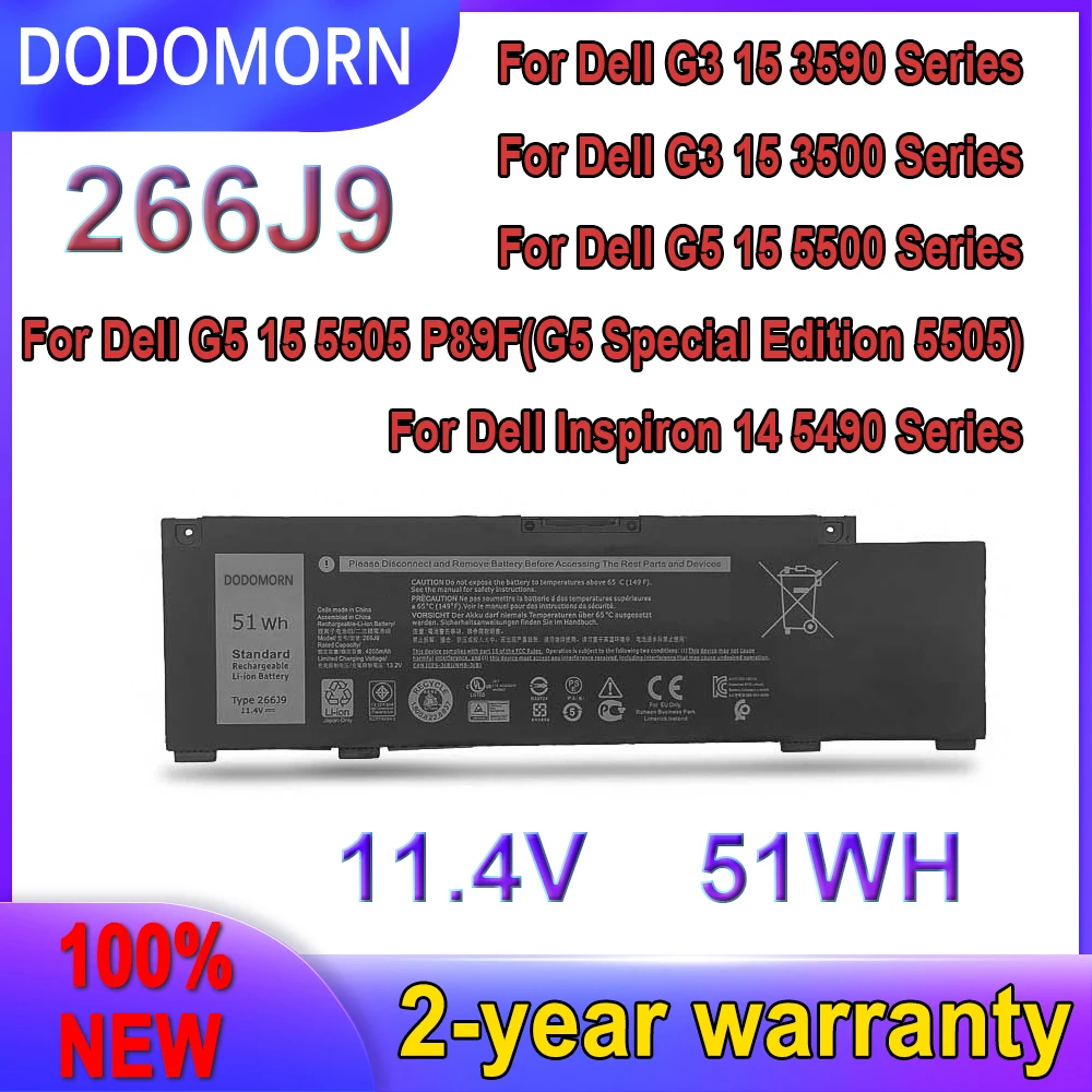 Dodomorn Nova Bateria 266j9 para Dell g3 15 3590 3500 g5 15 5500 5505 Inspiron 14 5490 266j9 11.4v 51wh 4255mah