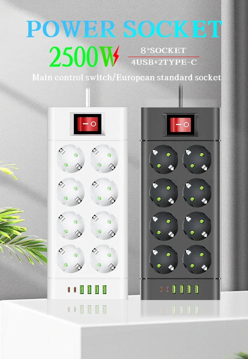 Description Picture 2 of itemEU Plug Power Strip DC Outlet Extension Cord 6/8/10 Electrical Socket with 4 USB 2 Type-C Ports Support 2500W Home Appliance
