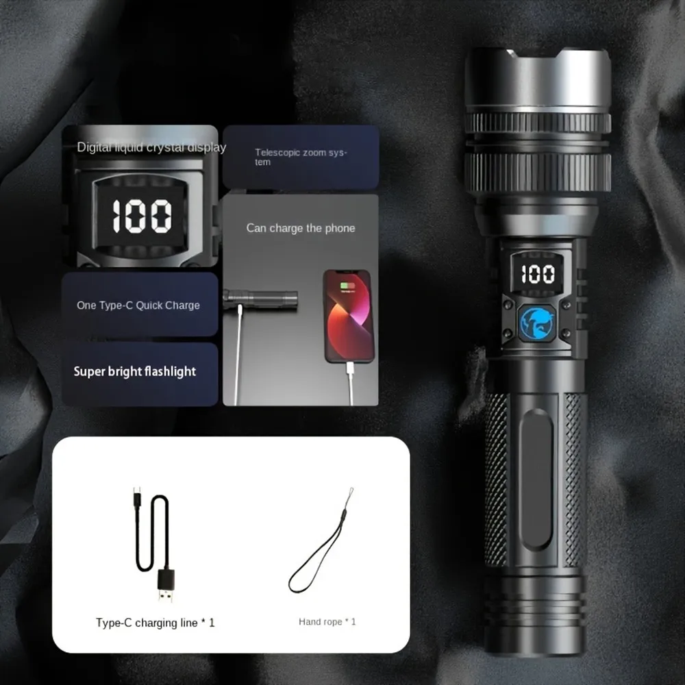 Torcia A LED A Lungo Raggio Ad Alta Potenza Con Luce Forte Ricarica USB 26800 Batteria Al Lio Torcia A Lungo Raggio Con Zoom Telescopico Per Esterni
