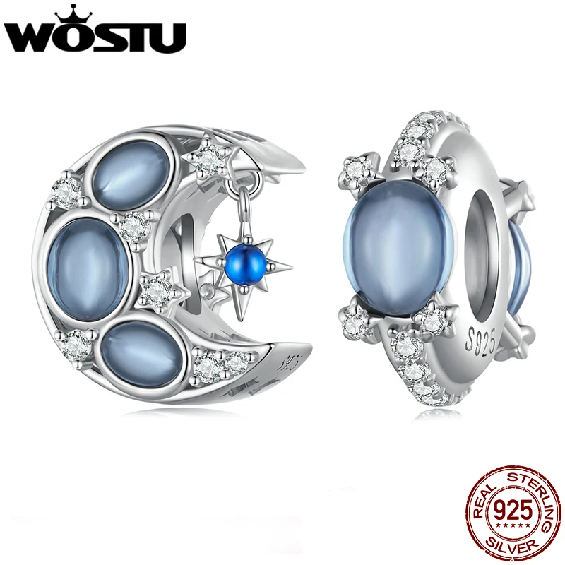 Wostu 925 Sterling Silver Moon Star Beads Shiny Blue Spinel Crystal Charms Fit Collana Braccialetto Fai Da Te Gioielli Di Compleanno Regalo Per Feste