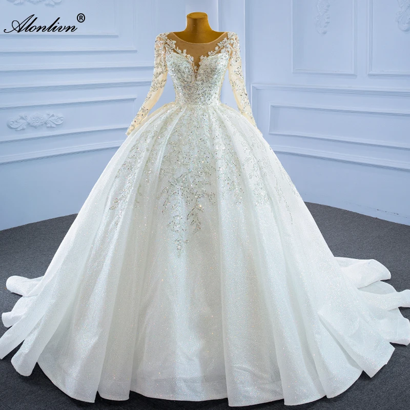 

Alonlivn Vintage Full Sleeves Scoop Ball Gown Wedding Dresses Beading Pearls Embroidery Lace Floor-Length Princess Bridal Gowns