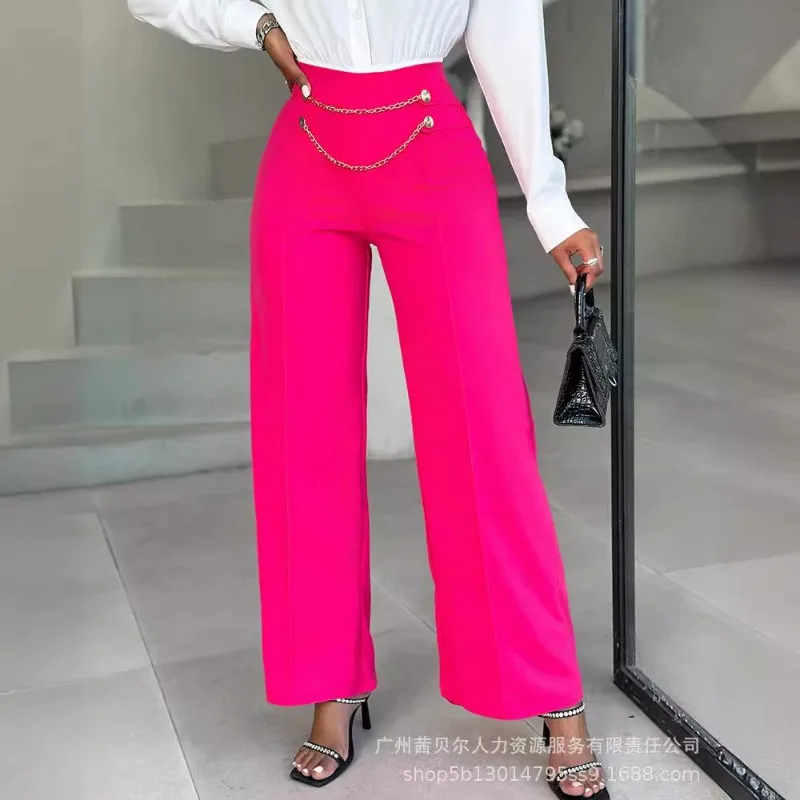 

Independent Design New Products 2024 Spring Summer Women's Clothing Solid Color High Waist Chain Ornament Wide Leg Trousers