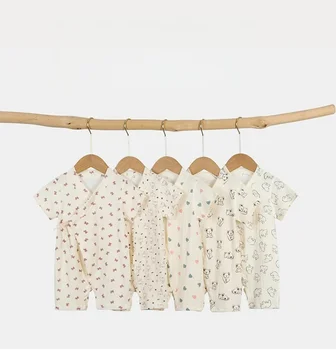 2026 Summer Baby Cartoon Print Jumpsuit V-Neck Infant Clothes Short Sleeve Thin Back Mesh Toddler Boys Girls Romper 1