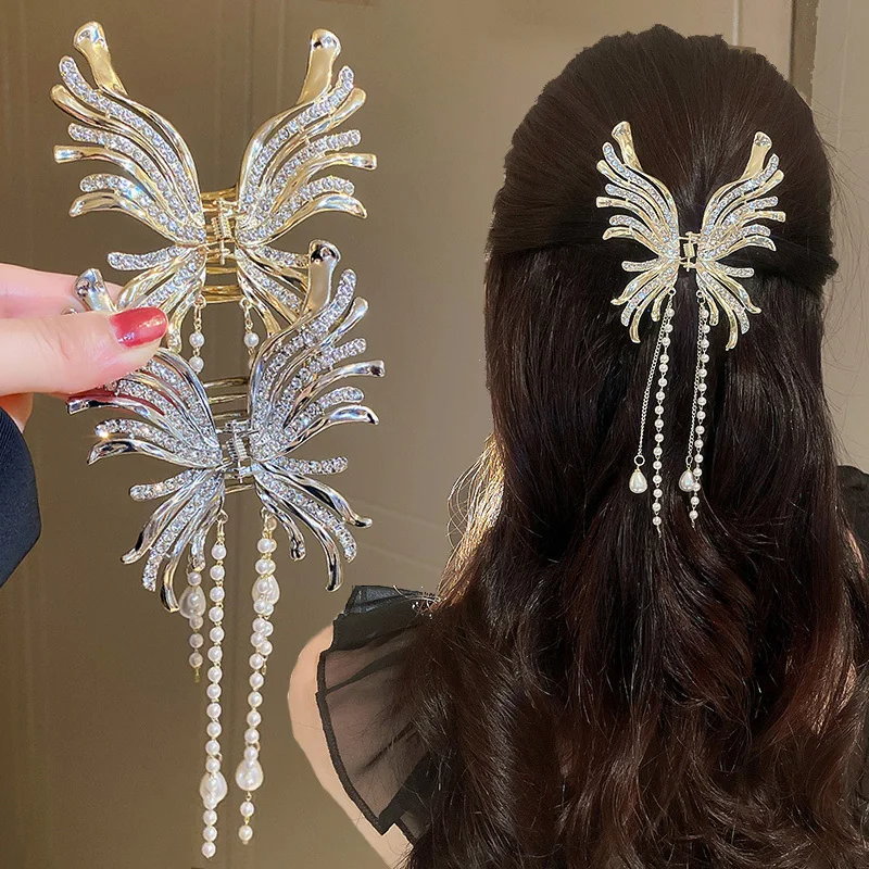 Korean Rhinestone Butterfly Hair Claw Pearl Tassel Hair Clamp for Women Girls Elegant Ponytail Hair Accessories