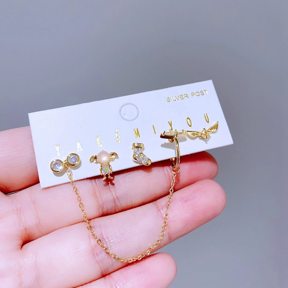 5pcs/set Mixed Cartoon Stud Earrings Gold Color Plated Cubic Zirconia Crystal Women Girls Jewellery 6
