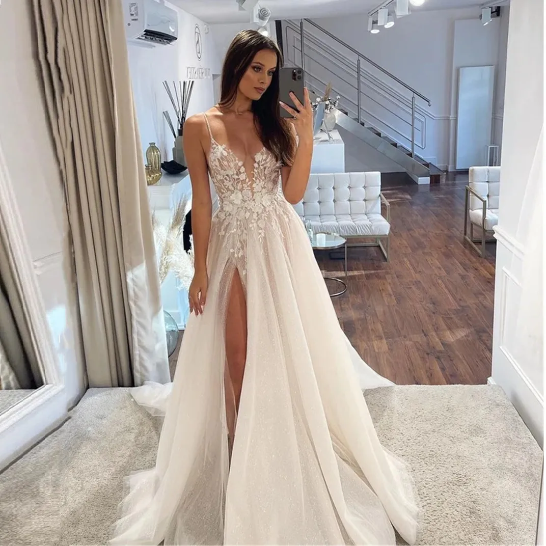 

Vestios De Novia Lace Up A-line Wedding Gowns V-neck Appliques Long Sleeves Garden Elegant Bridal Dresses with See hrough Back