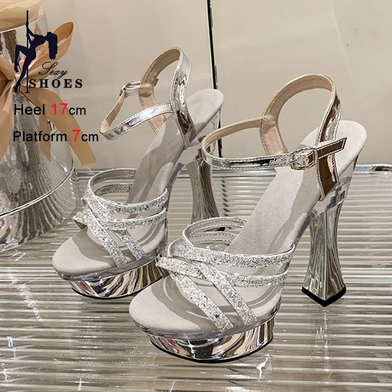Fashion Rhinestone Super High Heels Women Sandals Casual Comfortable Sandals Clear Crystal Pole Dance Model Show Ladies Shoes