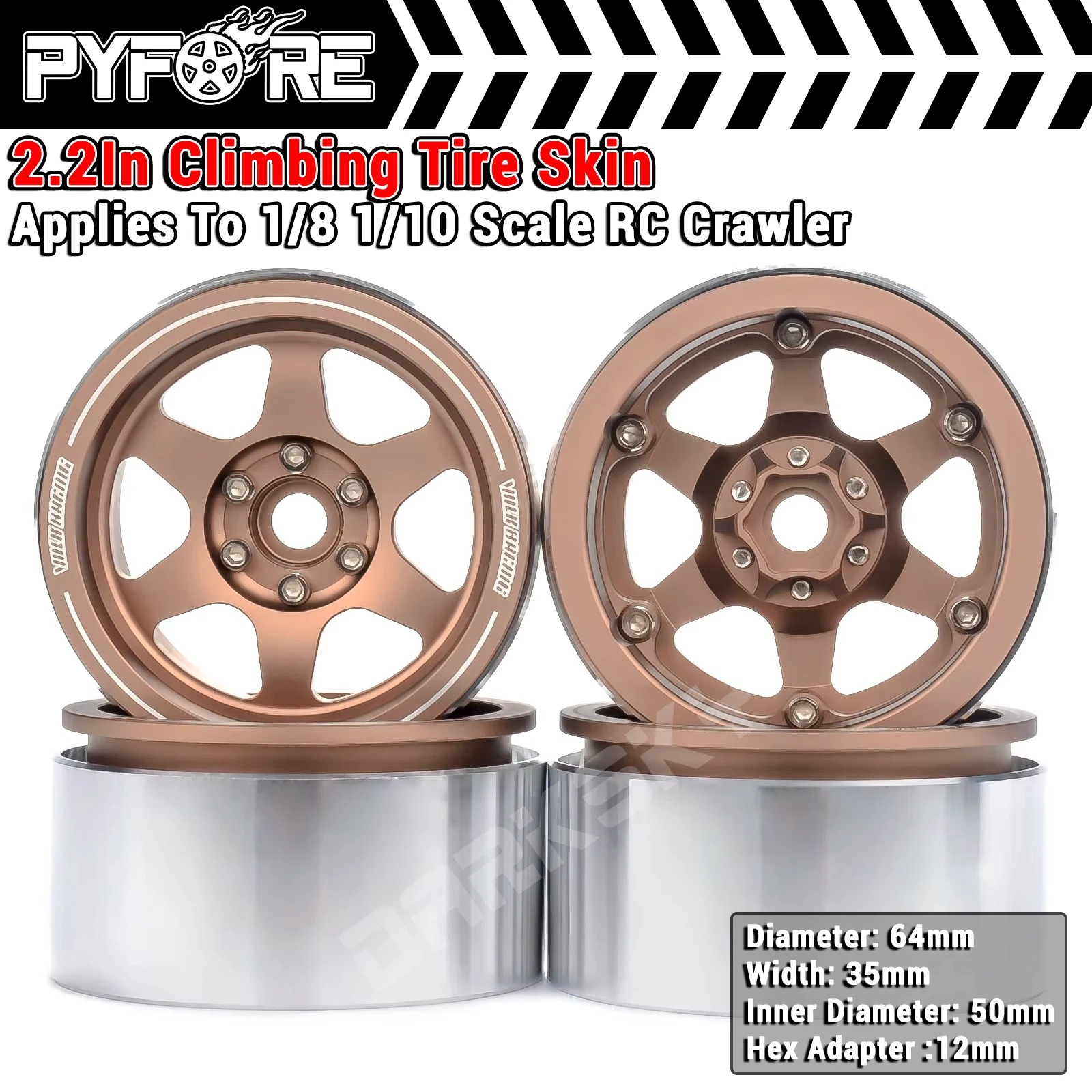PYFORE 2,2 Zoll Kletterradnabe 4 Stück Reifen 64 x 35 mm 12 mm Sechskant-Adapter für 1/10 1/8 RC Modellauto Crawler Zubehör