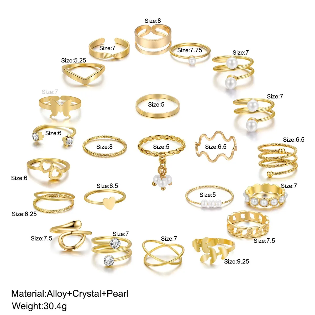 S7a2b87c111f849bea8940caf9380772eL 22 Sets of Ladies Jewelry European And American New Creative Simple Temperament Spiral Fake-pearl Love Ring Gold-color Mallzona