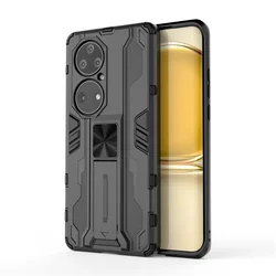 Luxury Shockproof Bumper Armor Phone Case with Magnetic Holder Stand and Back Cover for P50 Pro (Black)