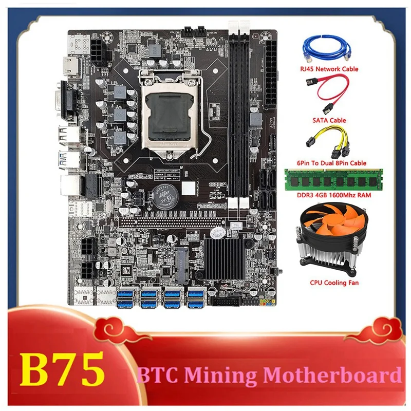 B75 BTC Mining Motherboard+DDR3 4GB 1600Mhz RAM+RJ45 Network Cable+Cooling Fan LGA1155 8GPU PCI-E To USB3.0 B75 Miner good motherboard for pc