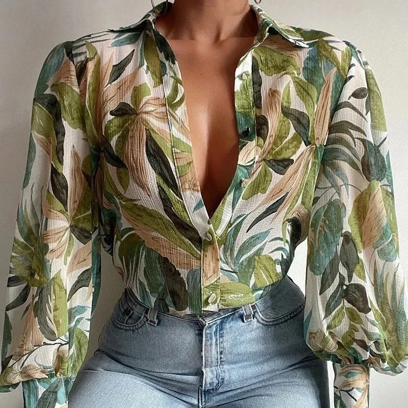Fashion Lapel Lantern Sleeve Blouses 2025 Spring Office Lady Vintage Floral Print Shirts Tops Button Up Long Sleeve Shirt 21620