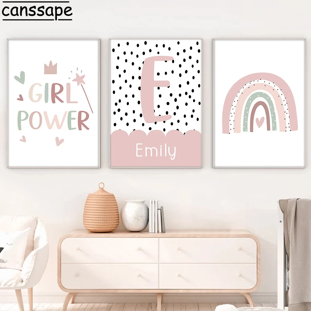 

Girl Power Print Pictures Custom Name Canvas Painting Rainbow Art Prints Polka Dots Wall Art Nursery Poster Kids Girl Room Decor