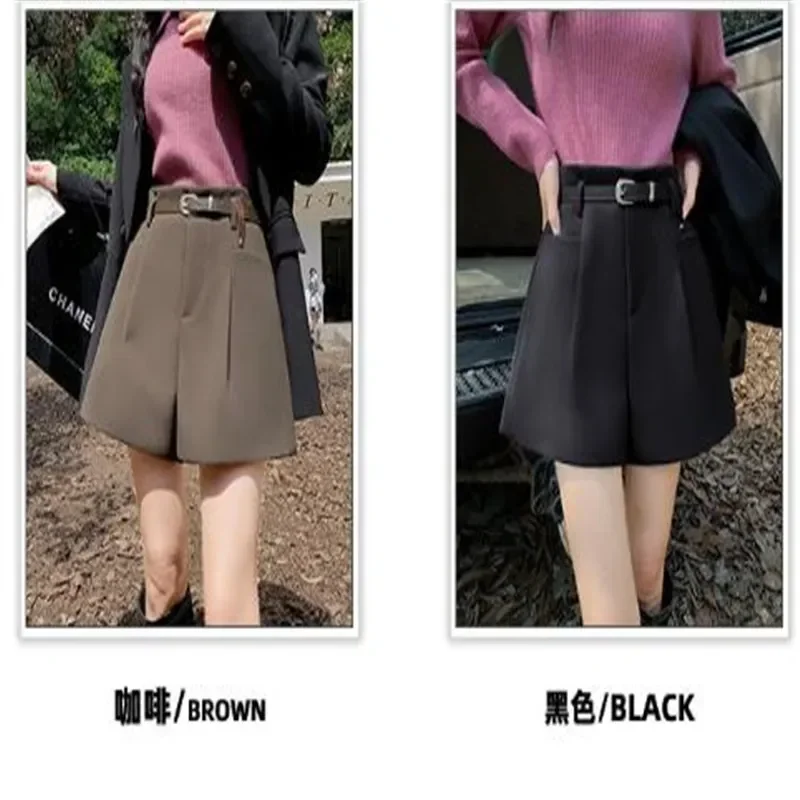 Fall Winter Women Boot Shorts with Belt Elegant Office Ladies Shorts Wide Leg A-Line Black Coffee 2024 Korean Fashion