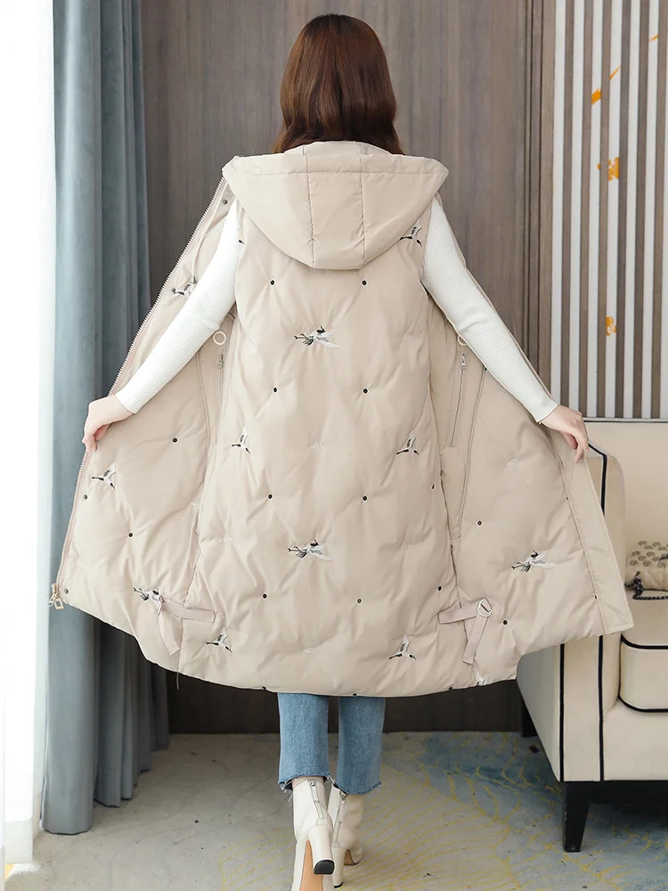 

Sleeveless Cotton Coat 2023 Autumn Winter New Thick Warmth Hooded Vest Fashion Embroidery Korean Long Slim Waistcoat