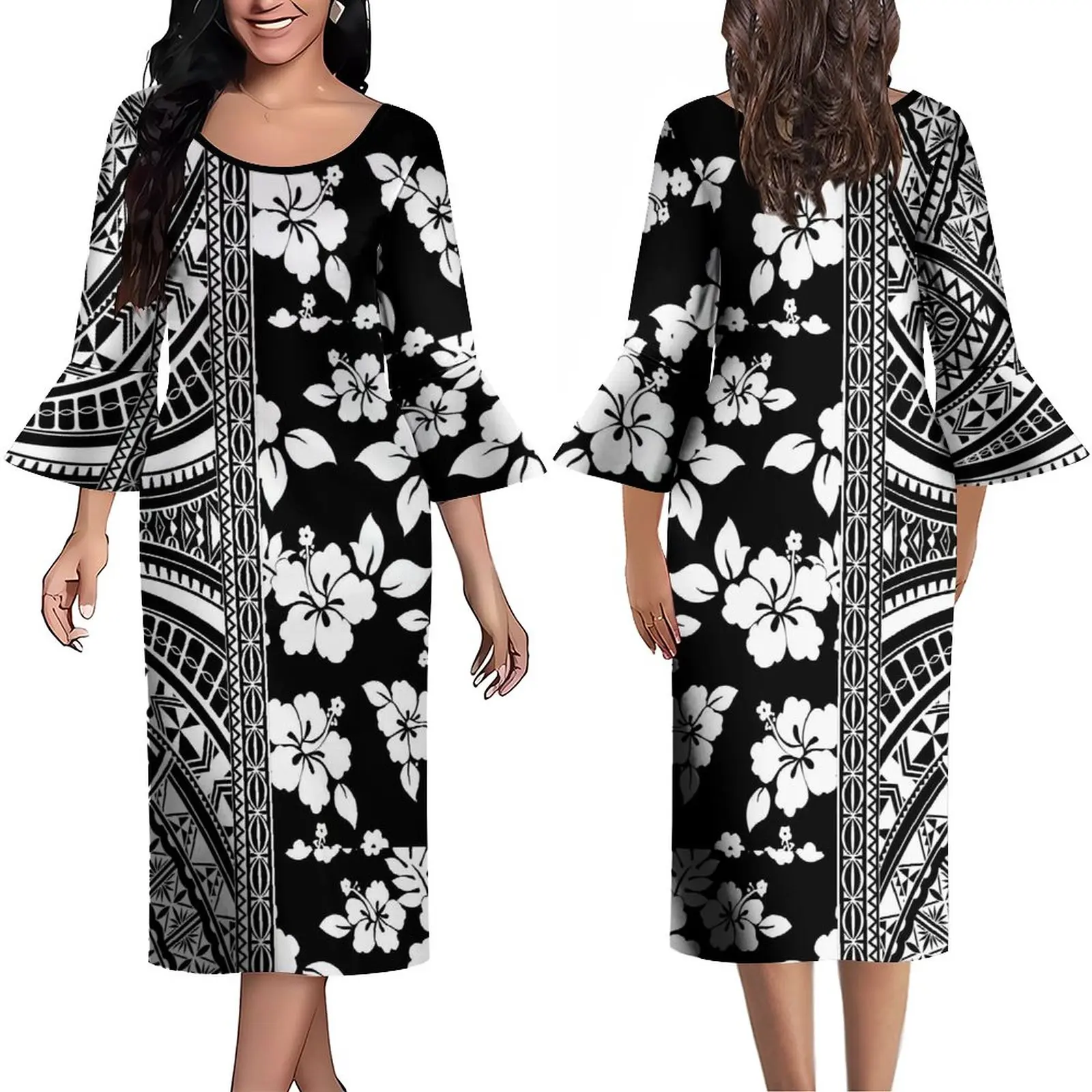 

Custom Polynesian Women'S Dress Slim Dress Vintage Summer Long Sleeve 2023 New Design Comfortable Dress With Ruffled Cuffs