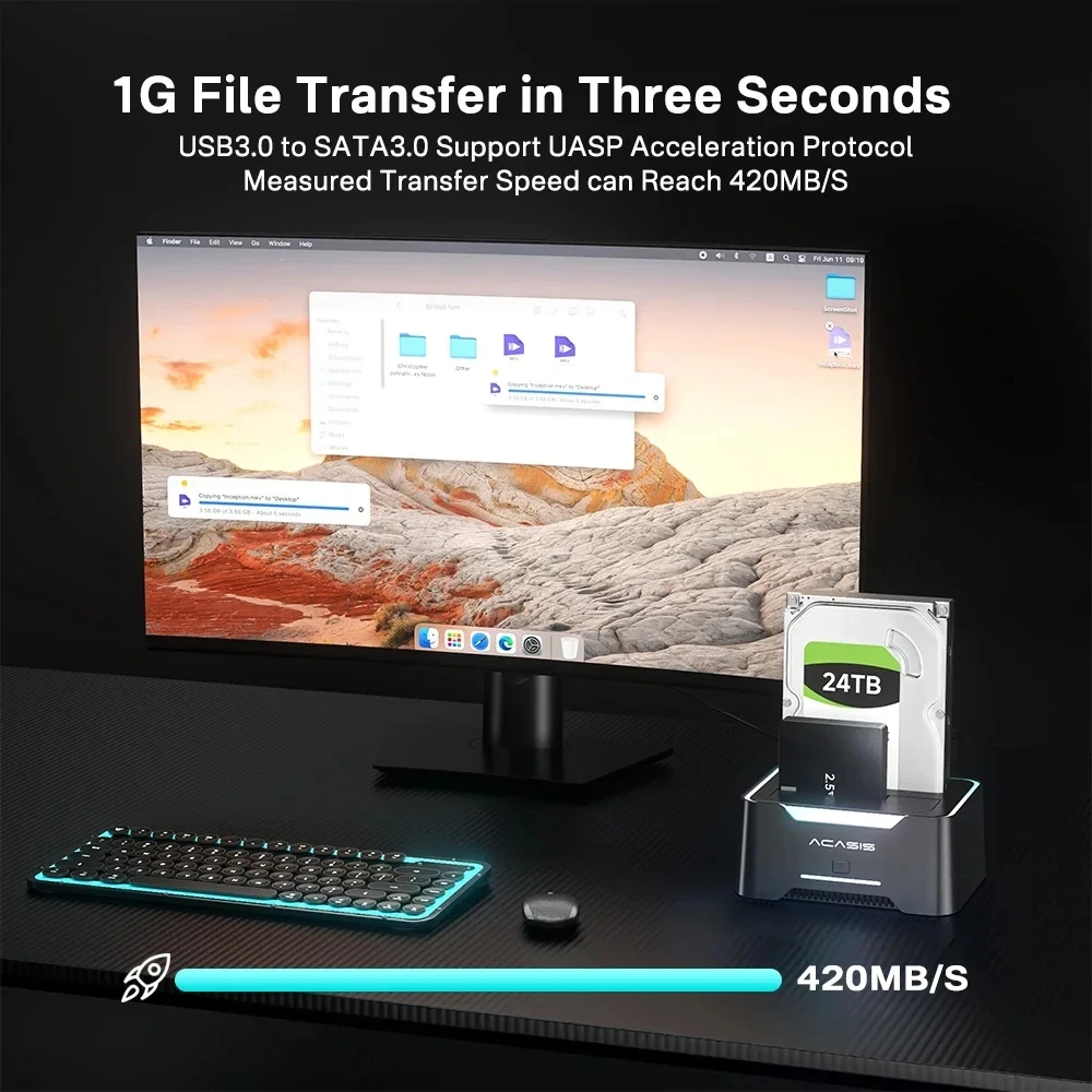 아카시스 듀얼베이 2.5/3.5인치 HDD 인클로저, 오프라인 클론 기능 탑재, SATA to USB 3.0 어댑터 포함, 2.5/3.5 SSD/HDD 디스크 하드 드라이브 케이스