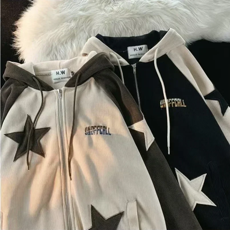 【関送込み】cardigan hoodie jacket 2色*ユニセックス/N240077 2024 New Harajuku Popular Vintage Corduroy Zipper Hoodie