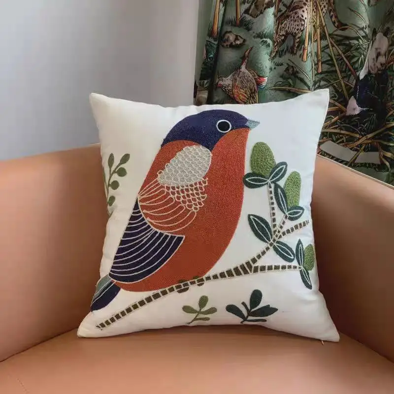 Orange & Navy Bird embroidered pillow cover