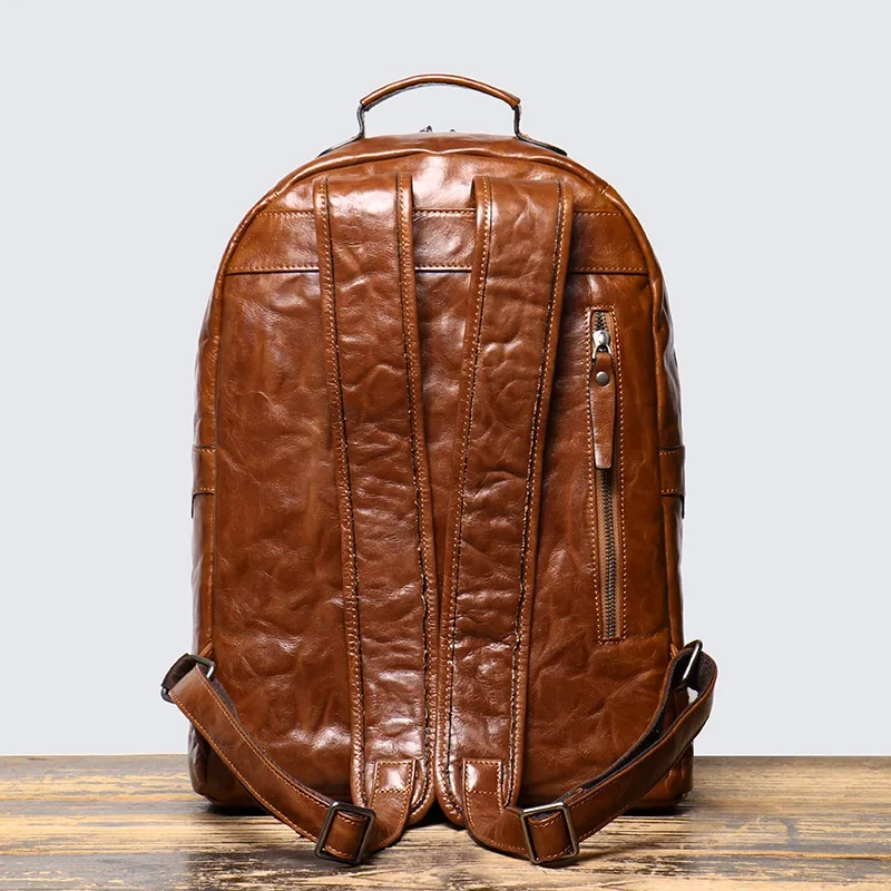 Genuine Leather Backpack for Men, Vegetable-tanned Cowhide with Hand-grabbing Texture, Fits 15-inch Laptop, Travel Shoulder Bag
