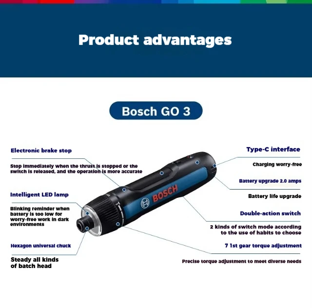 מברגה חשמלית Bosch Go3 סט מברגים נטענים אלחוטיים ליתיום מיני נייד כלי DIY לתיקון בית מקצועי