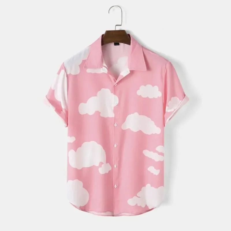 

Men's short sleeved Hawaiian shirt, summer quick drying lapel, casual 3D printing, oversized, breathable, cool cloud pattern