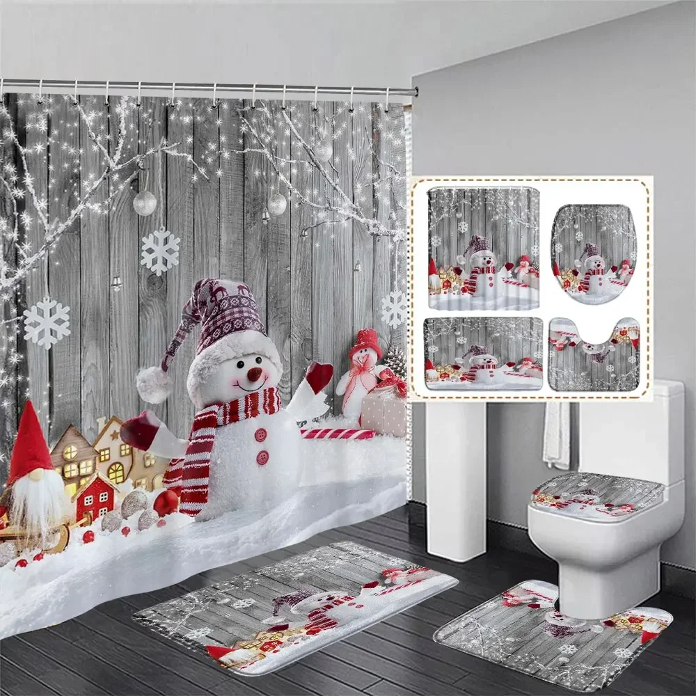 Shower Curtains Bathroom Hardware Set Bath Mat Cute Snowman Christmas Shower Curtain Set Silver Pine Branches Snowflake Xmas Balls Bathroom Decor Rug Toilet Lid Cover