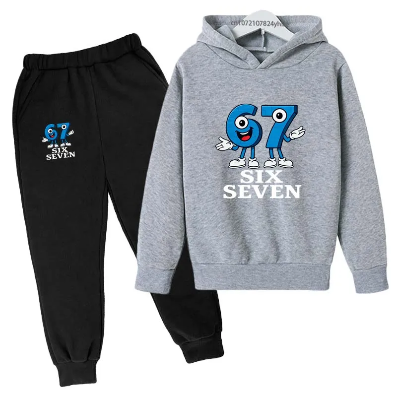 Lustiger Cartoon-Druck mit den Zahlen 6 und 7, Kinder-Freizeitanzug für Frühling und Herbst, 2-teilig: Hoodie + Jogginghose, Trainingsanzug für Jungen und Mädchen von 2-13 Jahren