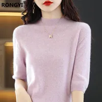 RONGYI سلس سترة الكشمير المعنقة محبوك المرأة الملابس 100% الصوف الخالص قصيرة الأكمام 2022 الربيع خمسة أرباع كم البلوز 2