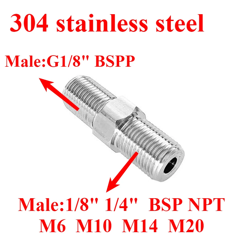 G1/8" BSPP Male to Male M6 M10-20 1/8" 1/4" BSP NPT Hex Nipple Coupling 304 Stainless Steel Pipe Fitting Adapter connect