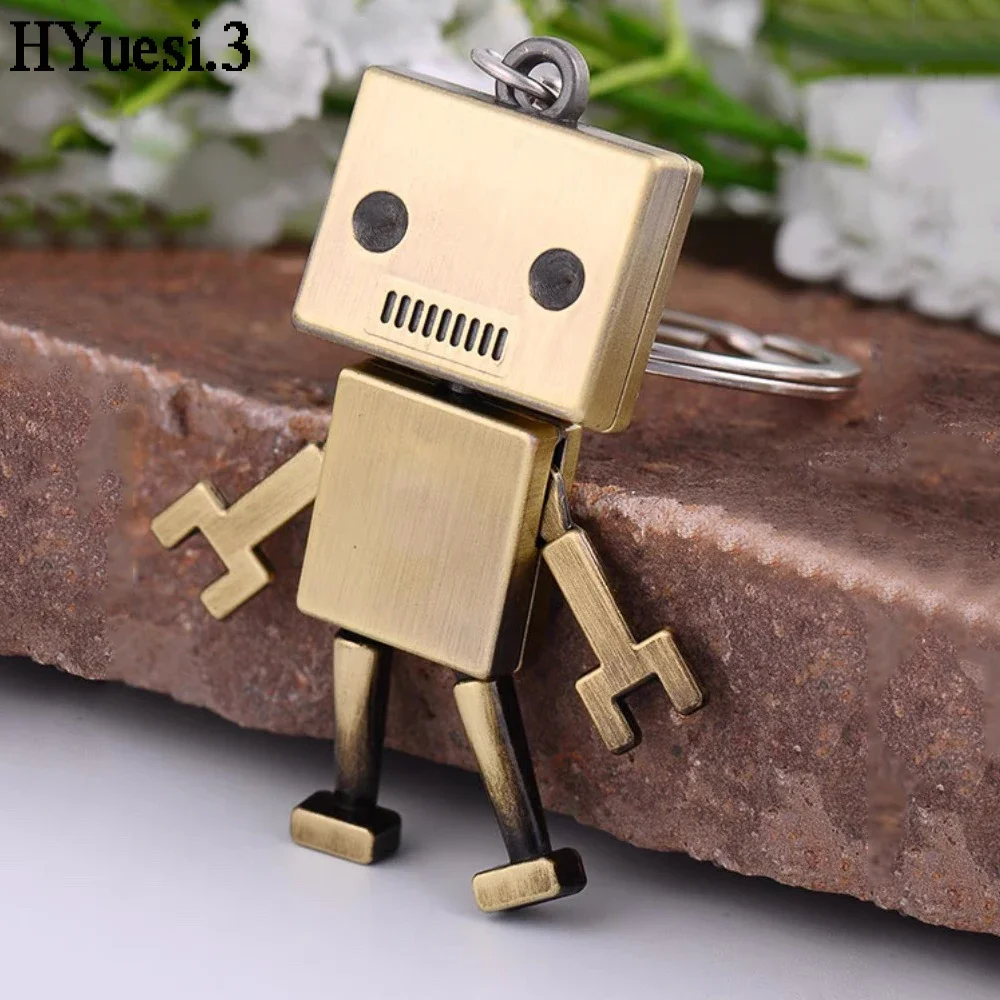 3D Movable Joint Mini Robot Keychain Punk Style Bronze Color Box Shaped People Metal Waist Hanging Key Ring Backpack Decration