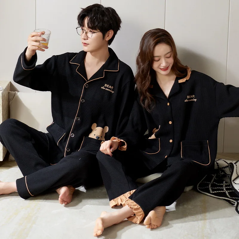 Couple Pajamas Men and Women Cotton Sleepwear Turn-down Collars Long Sleeve Pants Pyjama Sets Solid Autumn Winter Nightwear Suit