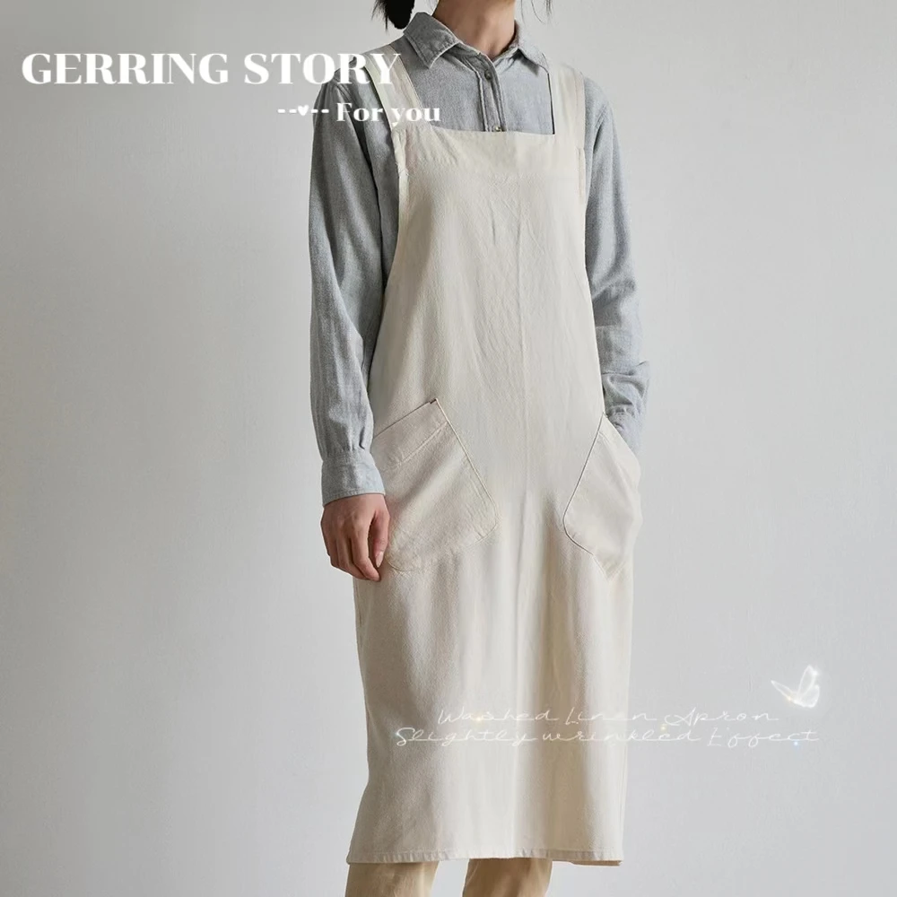 Gerring  Japanese Apron Woman Soft Handfeel Garden Retro Cotton Linen Washed Dress Aprons Kitchen Working Fashion Pockets Wear