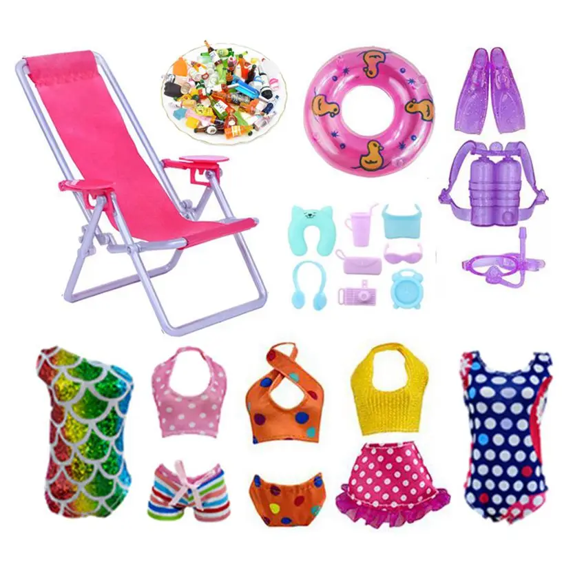 

Summer Kids Toys Kawaii 32 Items / Lot =10 Mini Bottles + 5 Doll Swimsuit +14 Miniature Dollhouse Accessories For Barbie DIY